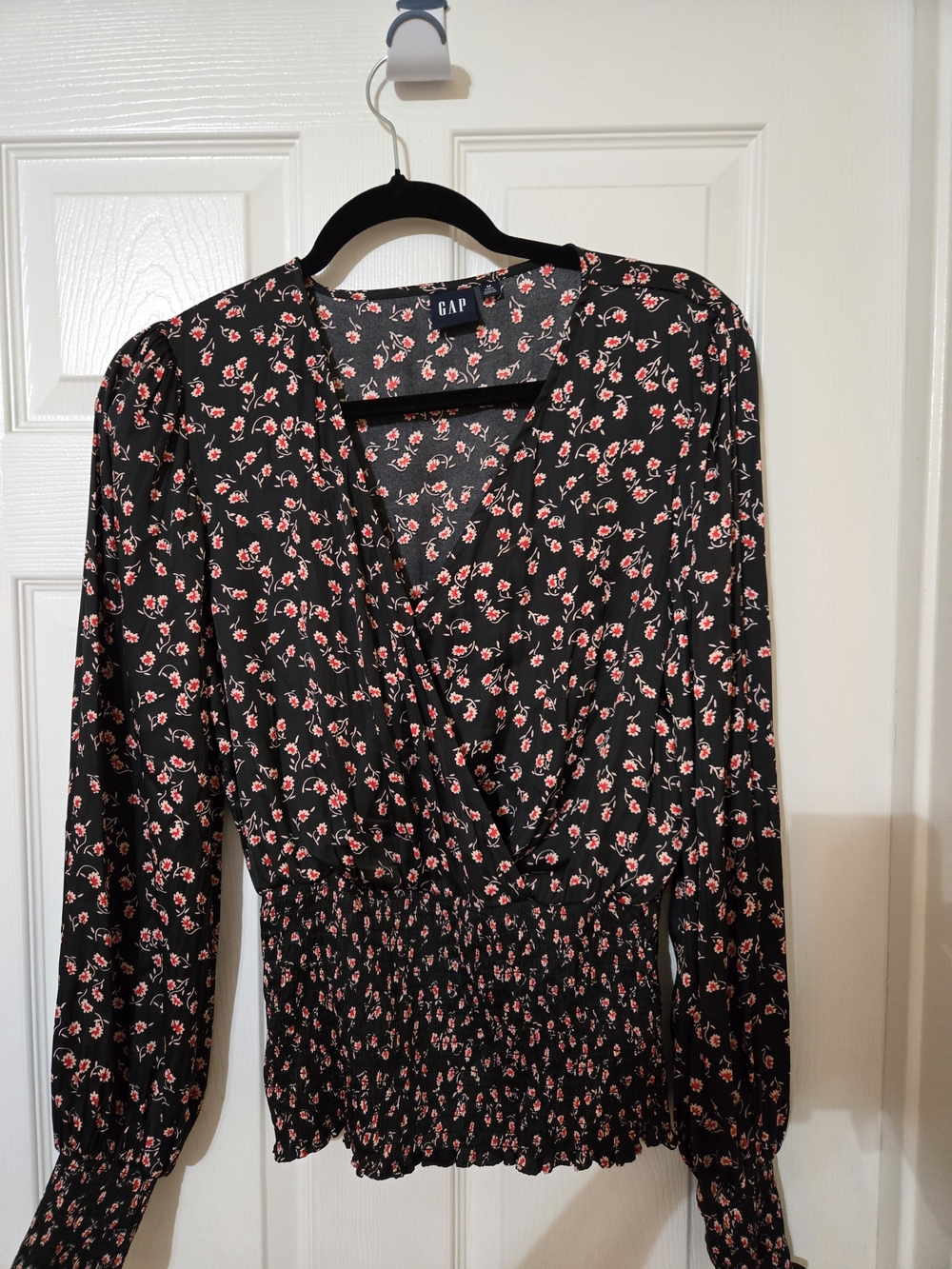 GAP Black Wrap-Front Blouse with Pink Floral Print